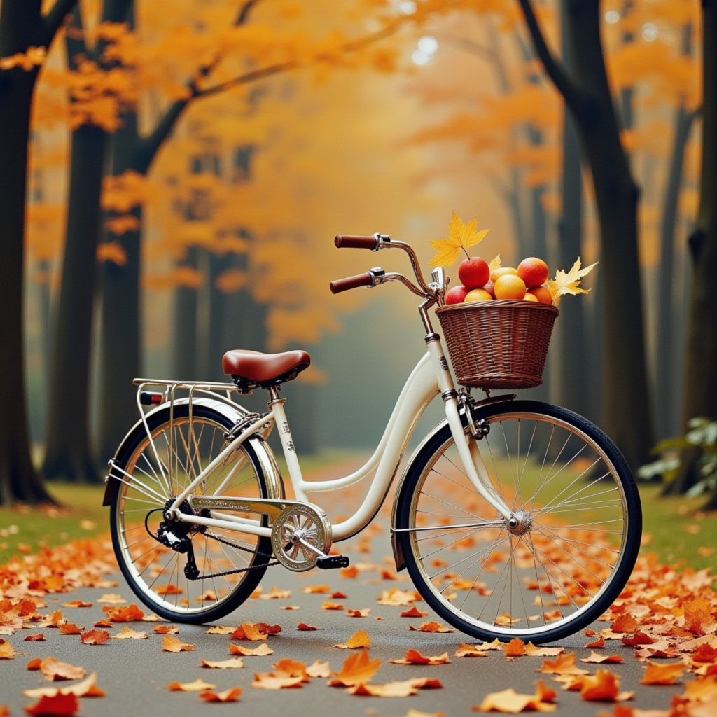 Bicycle parked on autumn path lined with fallen leaves Bicycle parked on autumn path lined with fallen leaves