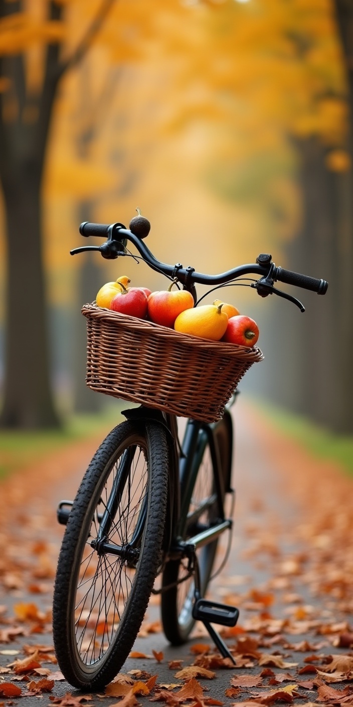 Bicycle with fresh fruits in an autumn park pathway Bicycle with fresh fruits in an autumn park pathway