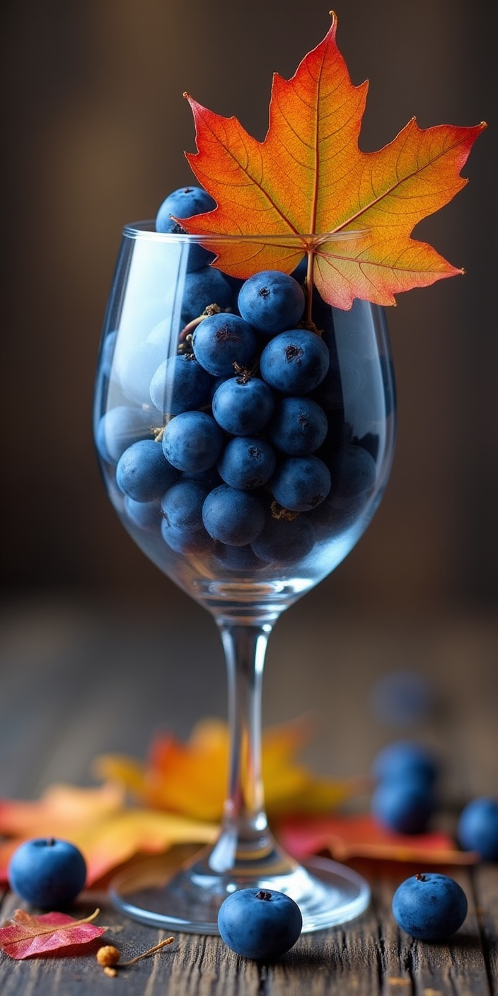 Fresh blueberries in a glass with autumn leaves displayed Fresh blueberries in a glass with autumn leaves displayed
