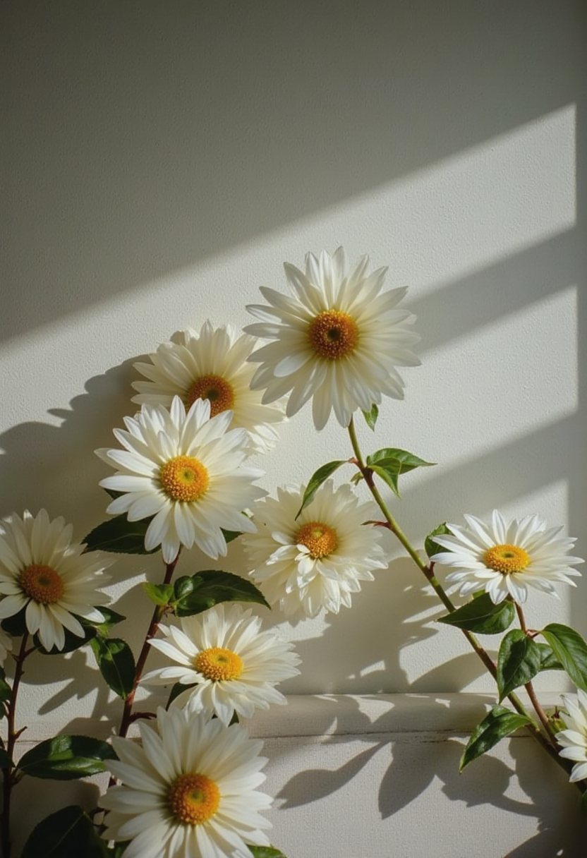 Daisies basking in sunlight on a beige wall Daisies basking in sunlight on a beige wall