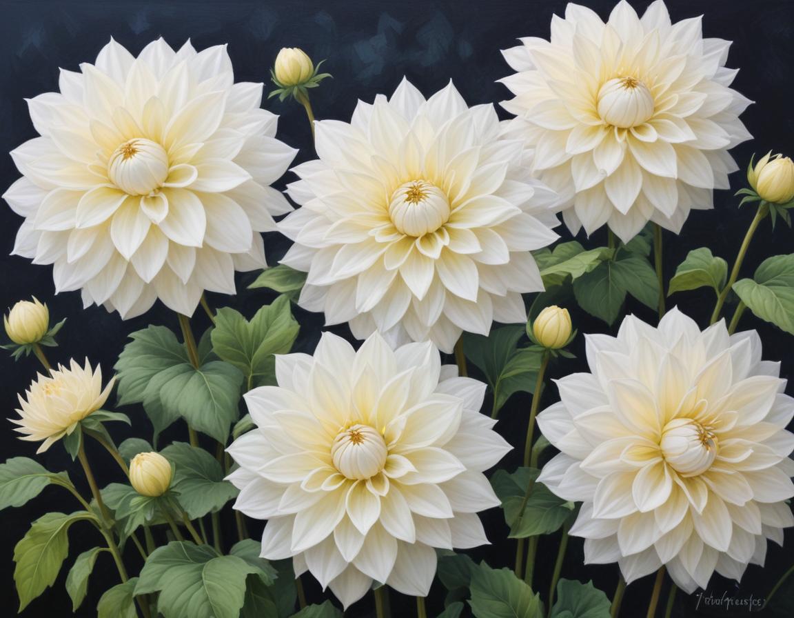 White dahlia flowers blooming in a dark background setting White dahlia flowers blooming in a dark background setting