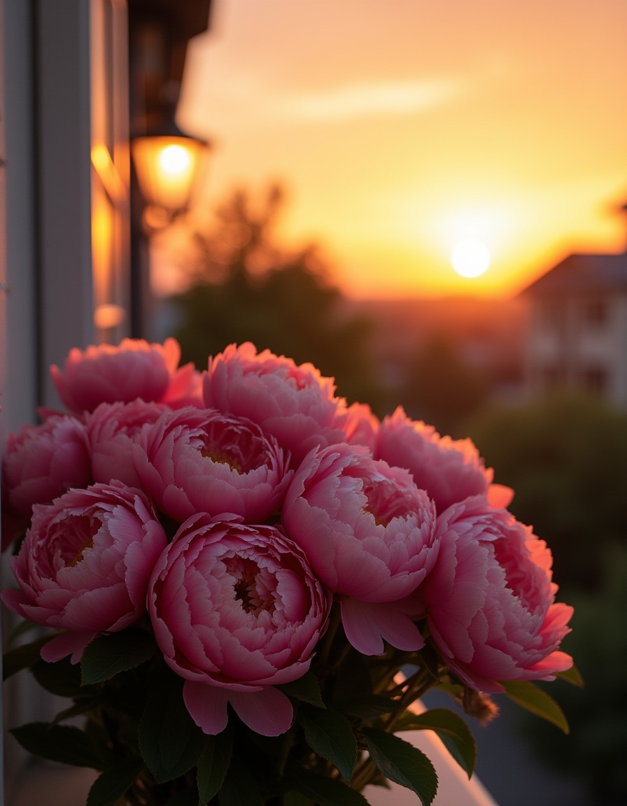 Sunset view with pink peony flowers in the foreground Sunset view with pink peony flowers in the foreground