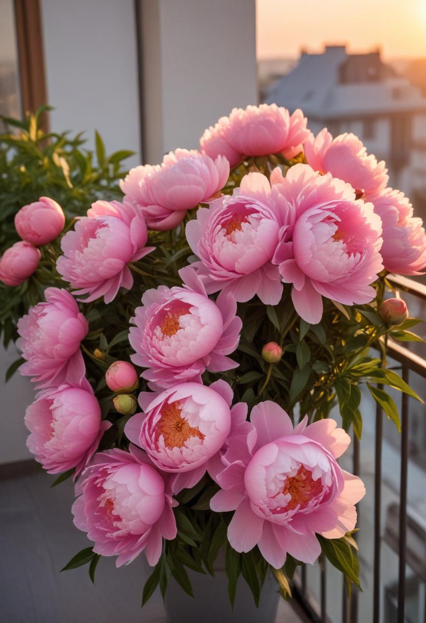 Beautiful peonies blooming on a balcony during sunset Beautiful peonies blooming on a balcony during sunset