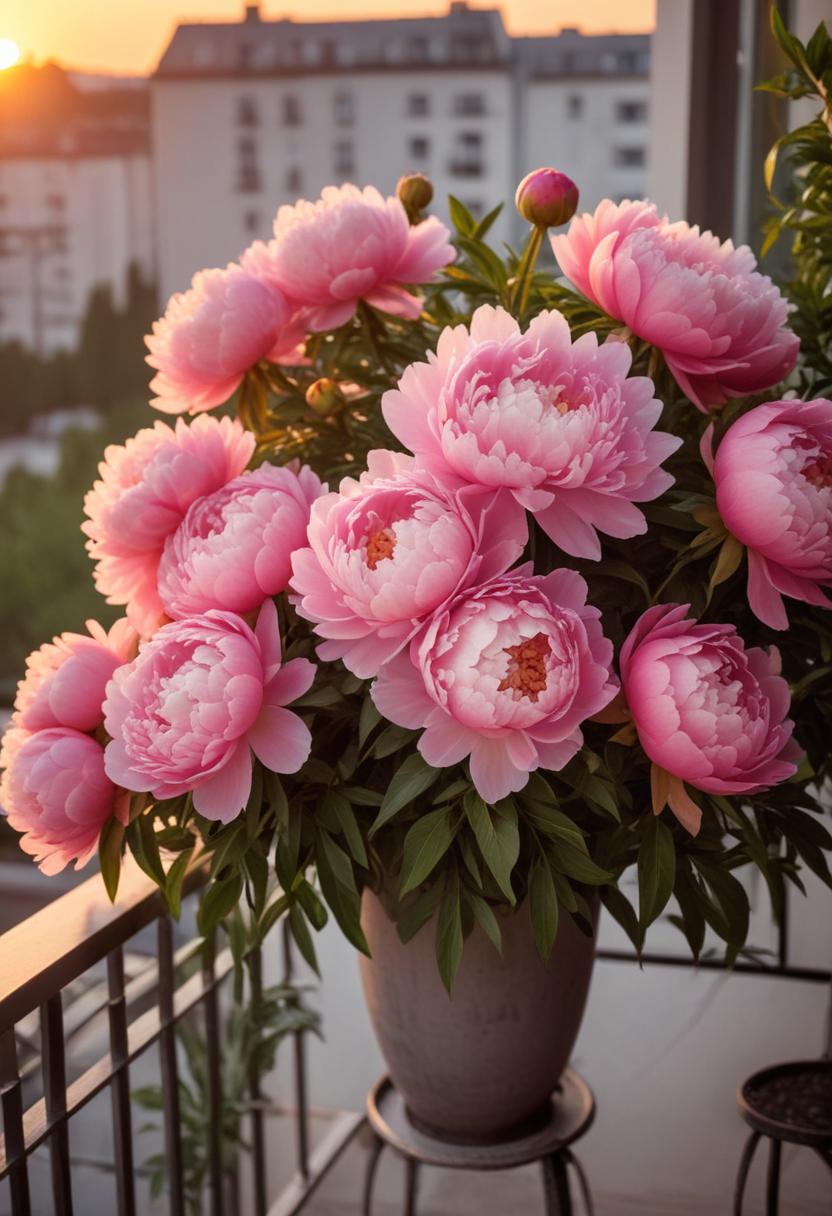Beautiful peonies blooming on a balcony at sunset Beautiful peonies blooming on a balcony at sunset