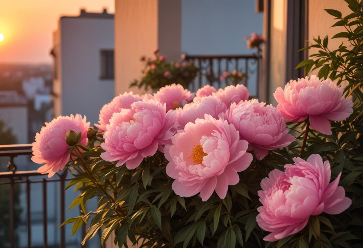 Sunset view of peonies blooming on a balcony Sunset view of peonies blooming on a balcony