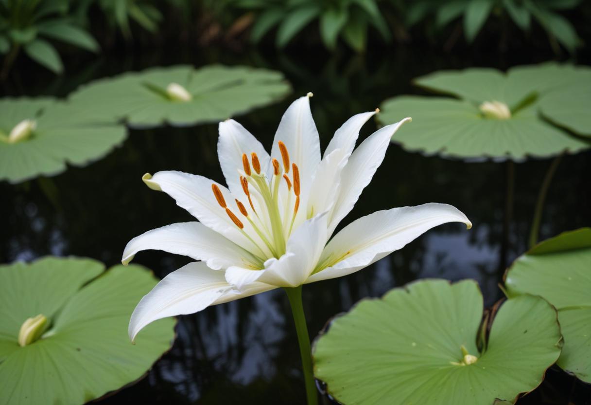 Beautiful white flower blooms in tranquil pond setting Beautiful white flower blooms in tranquil pond setting
