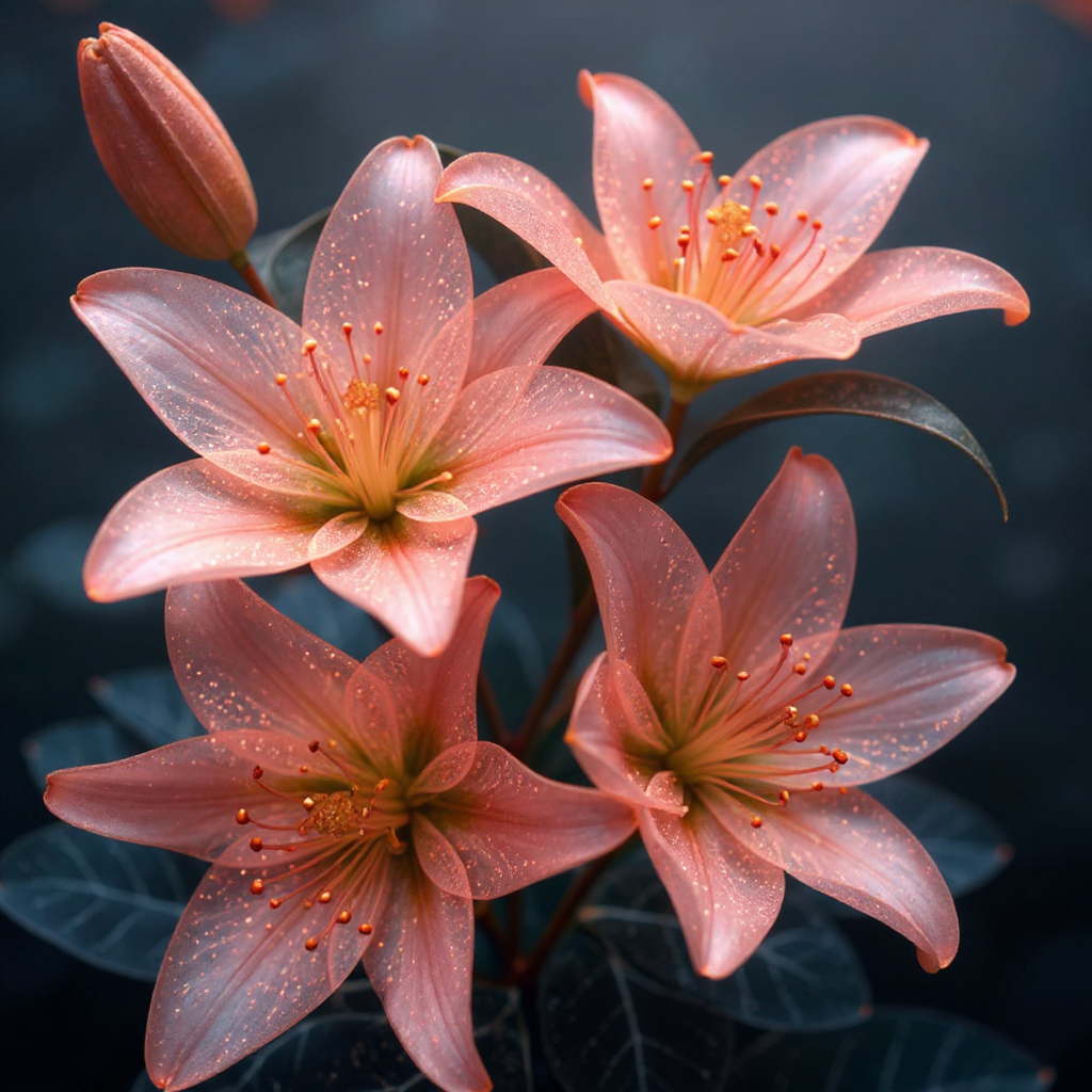 Pink lilies bloom with raindrops in serene garden setting Pink lilies bloom with raindrops in serene garden setting