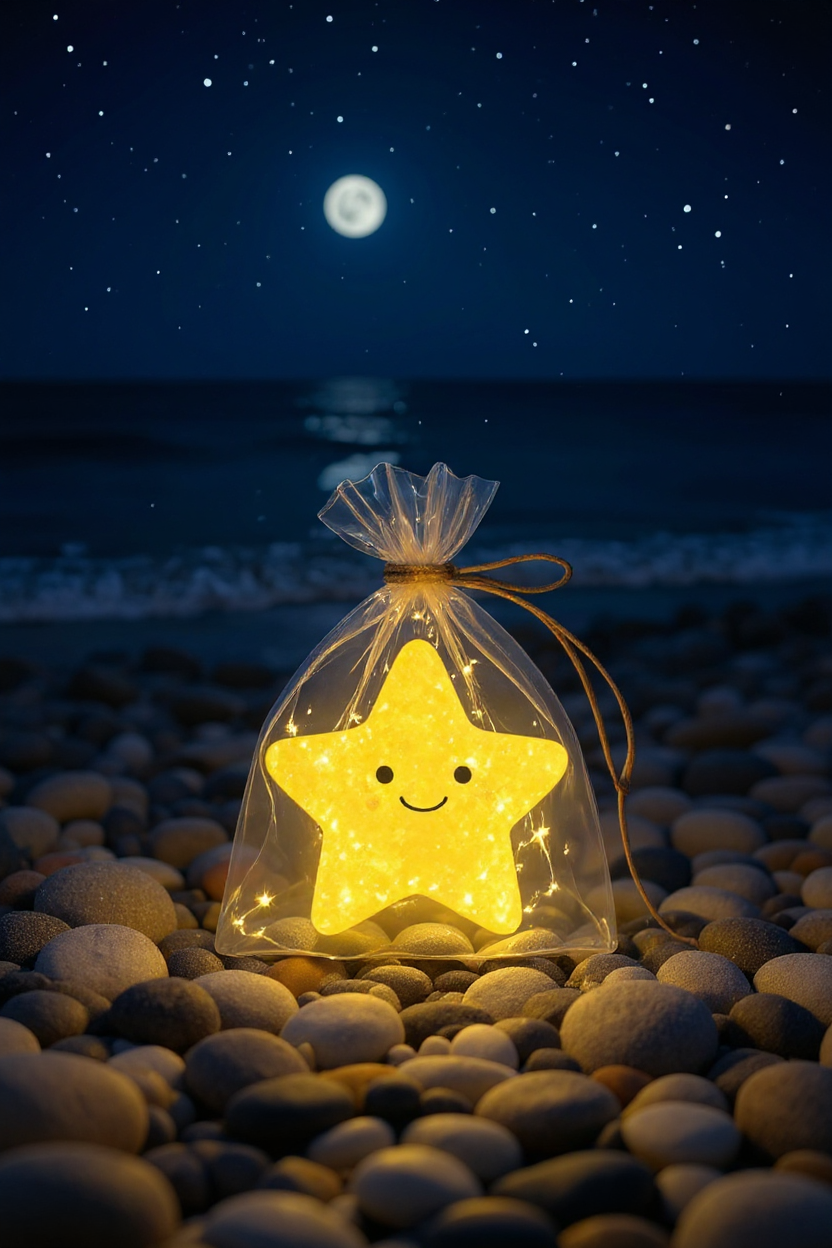 Decorative star shines on rocky beach under moonlight Decorative star shines on rocky beach under moonlight