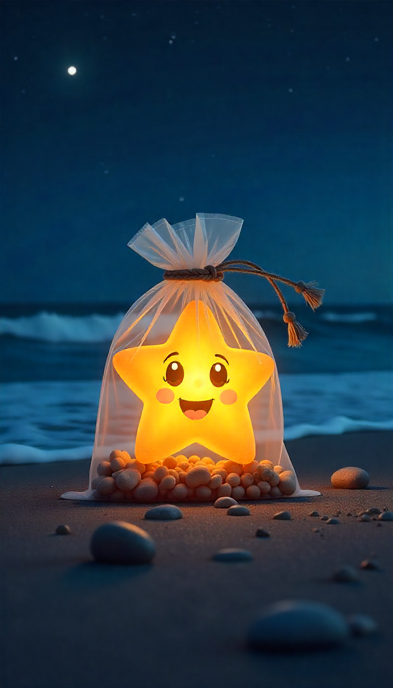 Cute glowing star decoration by the beach at night Cute glowing star decoration by the beach at night