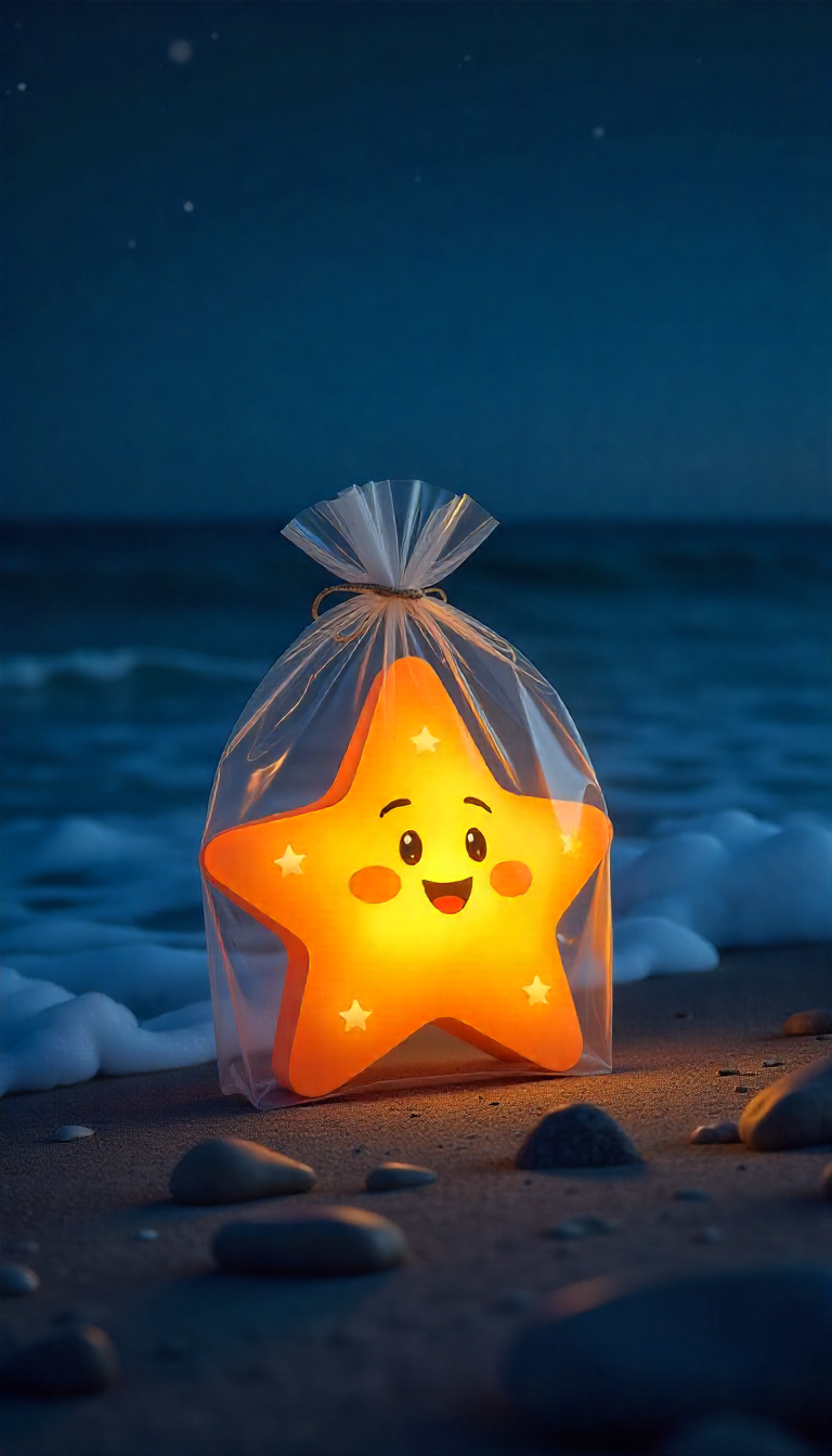 Glowing star lantern on beach at night near ocean Glowing star lantern on beach at night near ocean