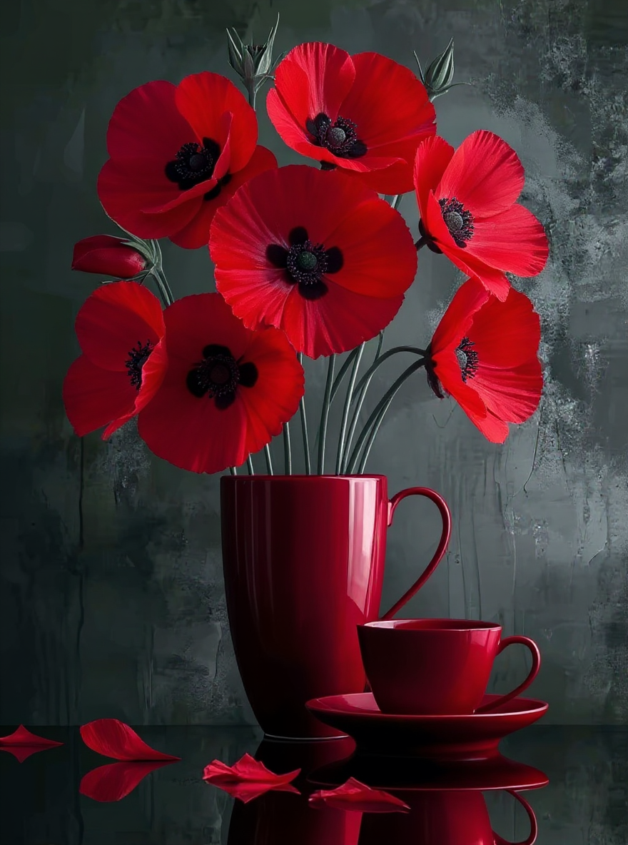 Bright red flowers in artistic black vase display Bright red flowers in artistic black vase display