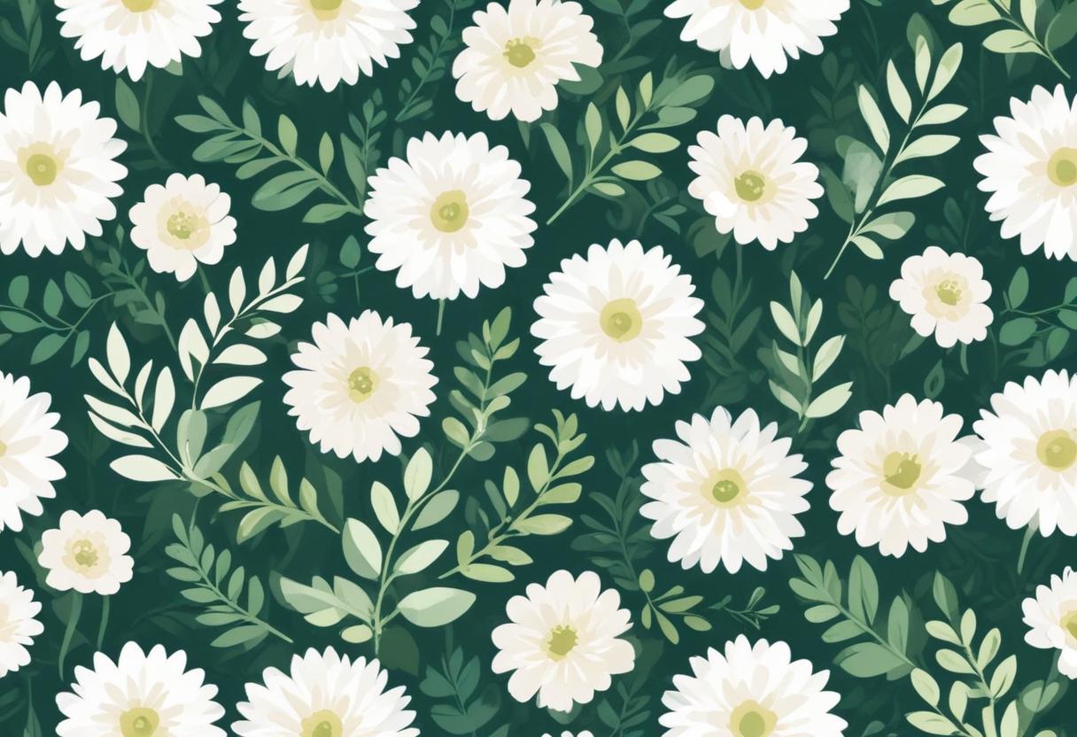 Pattern of white daisies and green leaves on dark background Pattern of white daisies and green leaves on dark background