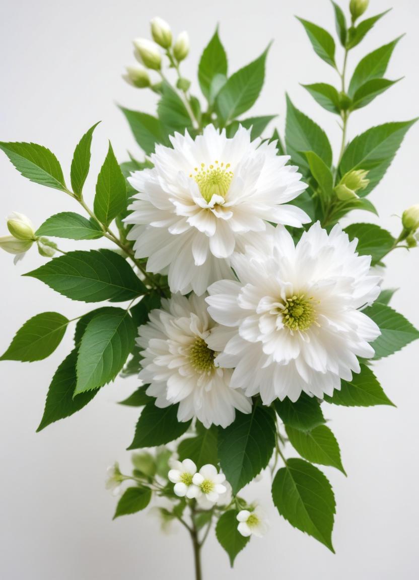 White floral arrangement with green leaves in bright setting White floral arrangement with green leaves in bright setting
