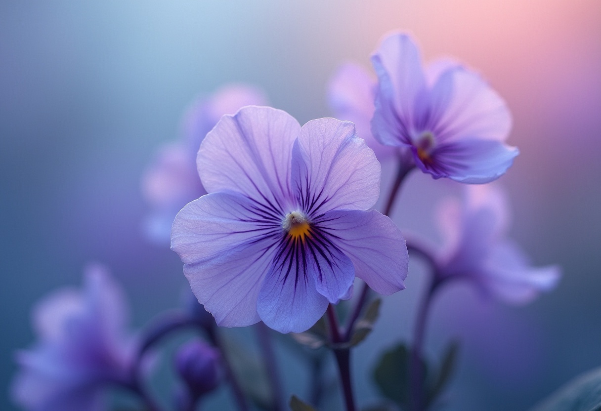 Purple flowers bloom in soft evening light outside Purple flowers bloom in soft evening light outside