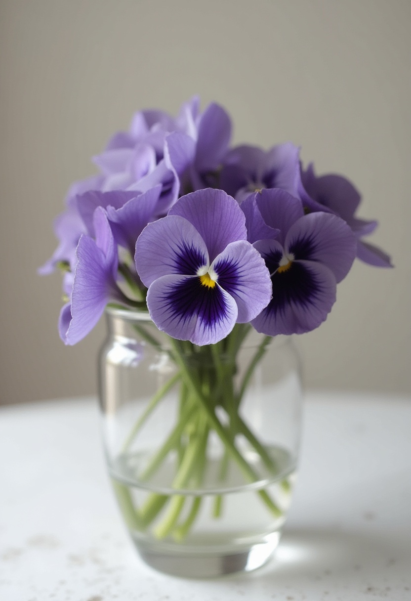 Purple violets in a glass vase on a table Purple violets in a glass vase on a table