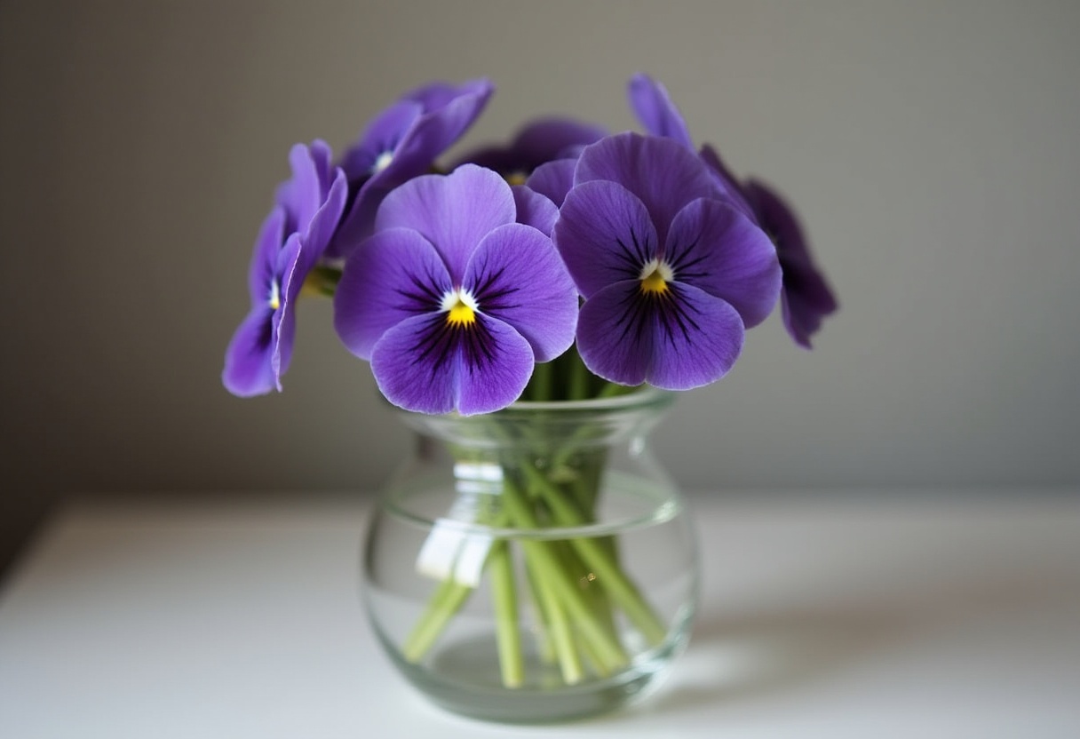 Purple pansies in a clear vase on a table Purple pansies in a clear vase on a table