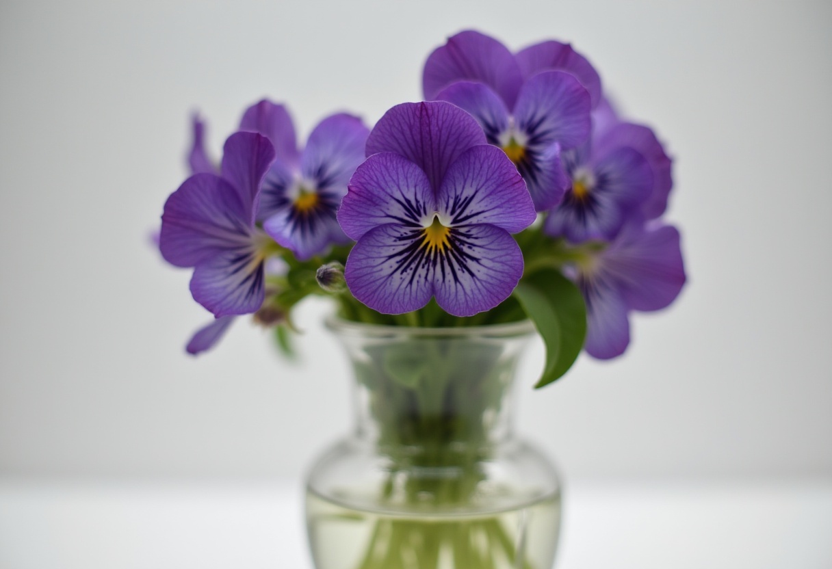Vibrant purple pansies in a glass vase on a light backdrop Vibrant purple pansies in a glass vase on a light backdrop