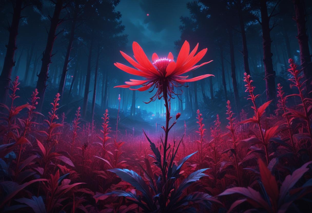 Vibrant red flower in a mystical forest setting Vibrant red flower in a mystical forest setting