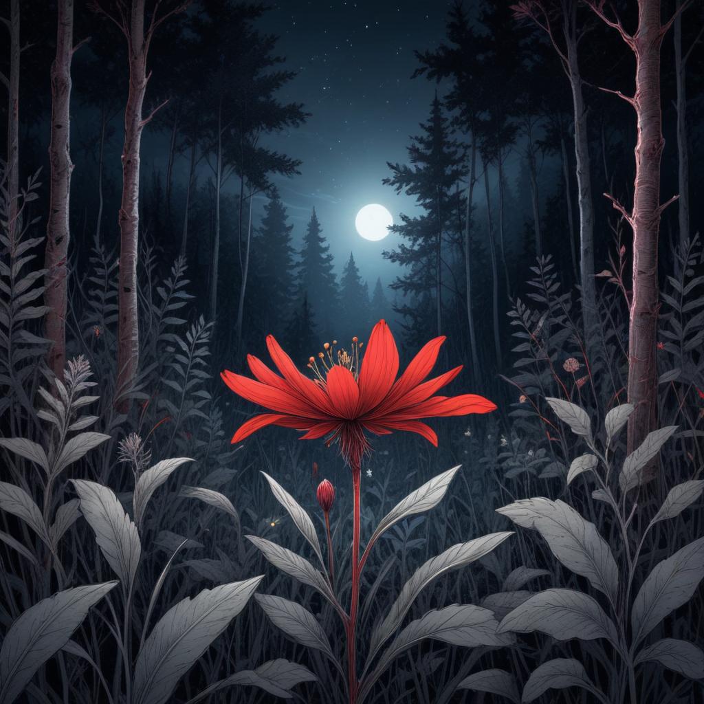 Red flower blooms in a dark forest under the moonlight Red flower blooms in a dark forest under the moonlight