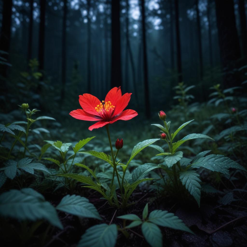 Bright red flower blooms in dark forest undergrowth Bright red flower blooms in dark forest undergrowth