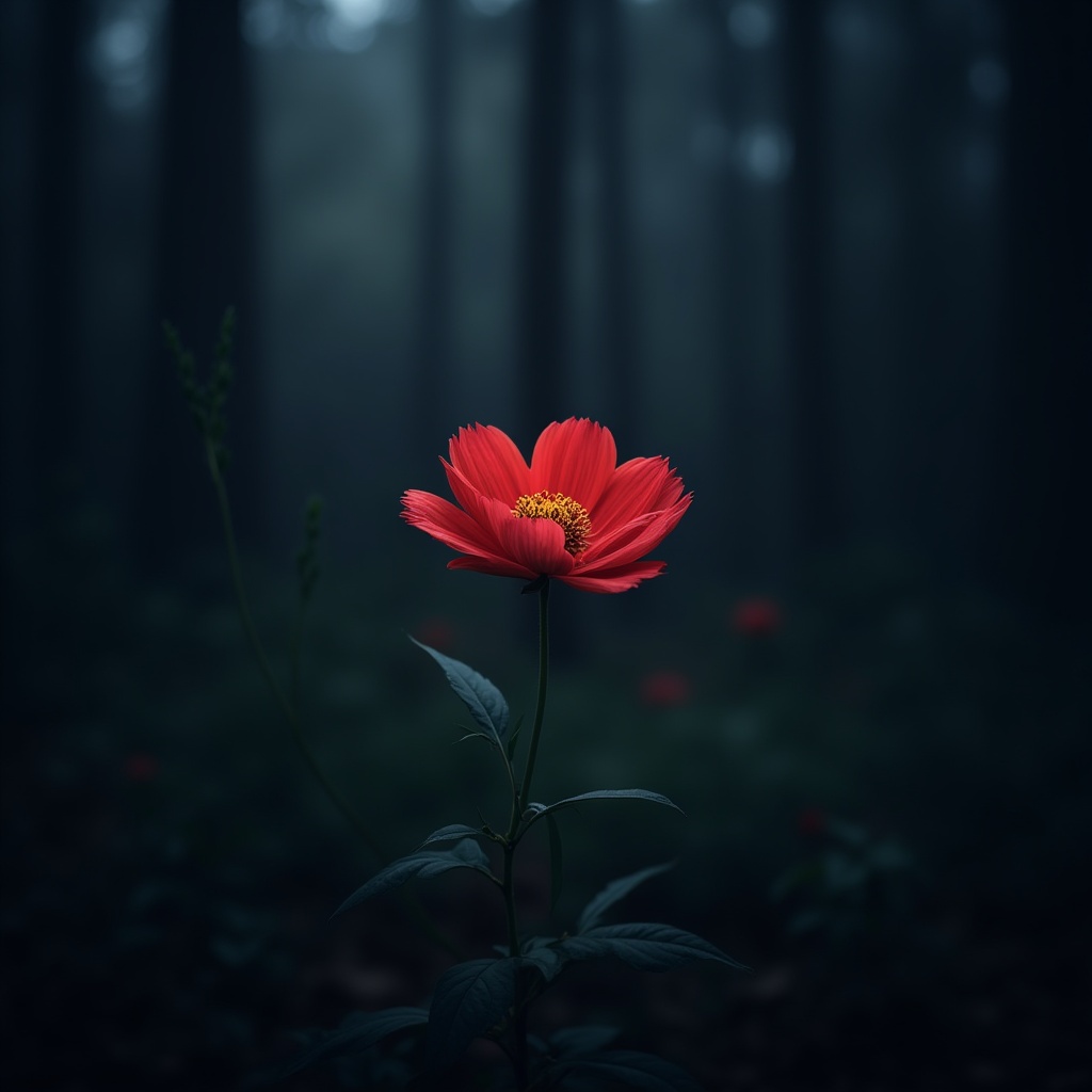 Red flower stands out in a dark forest setting Red flower stands out in a dark forest setting