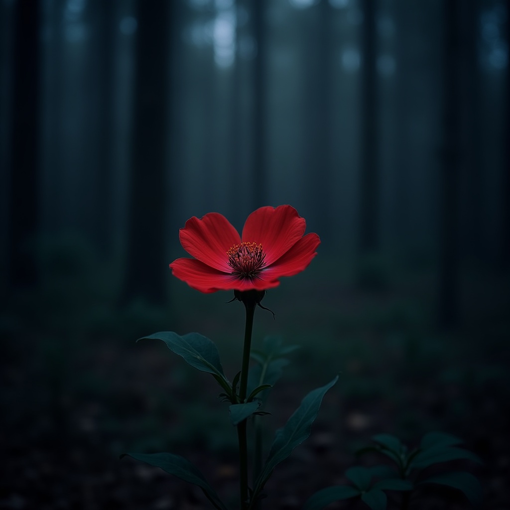 Red flower stands out in a dark forest setting Red flower stands out in a dark forest setting