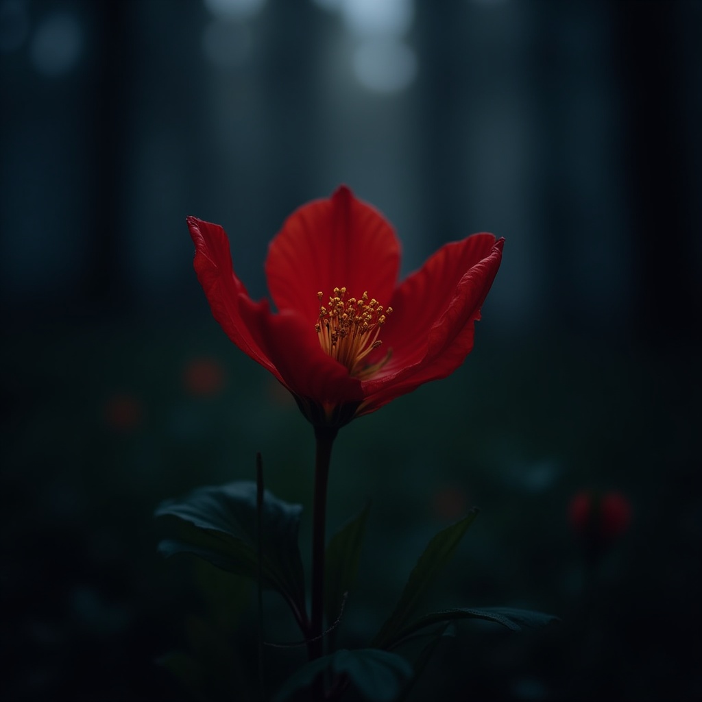 Red flower blooming in a dim forest setting Red flower blooming in a dim forest setting