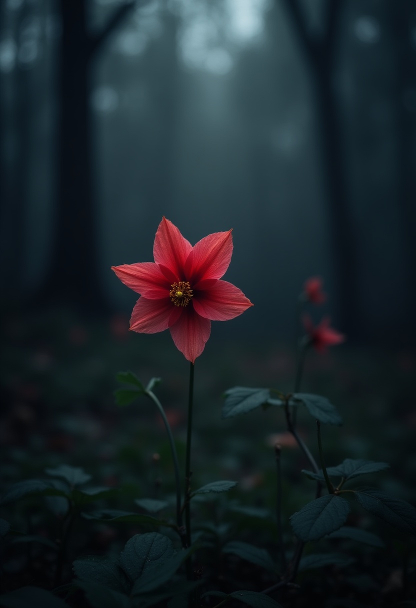 Vibrant red flower in a misty forest setting Vibrant red flower in a misty forest setting
