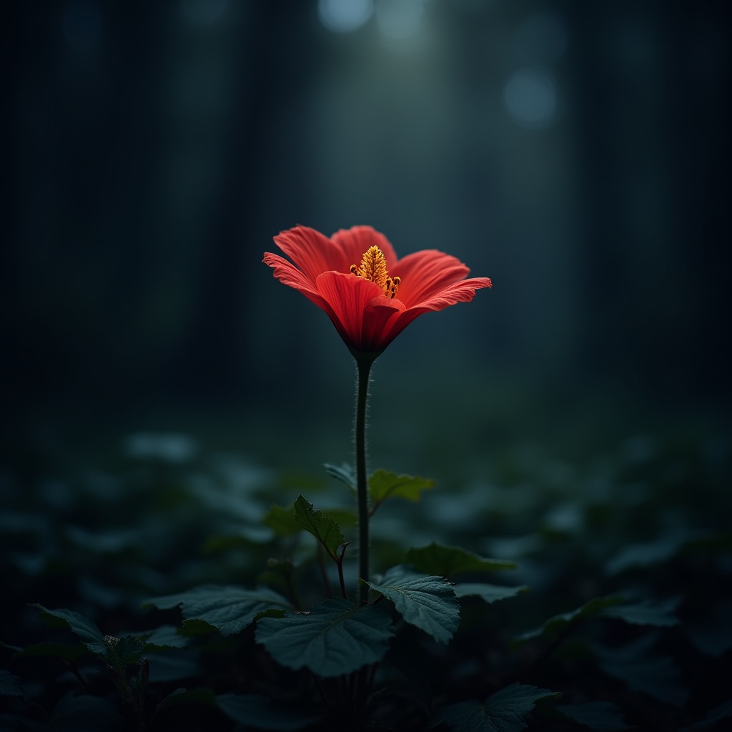 Bright red flower stands alone in dark forest setting Bright red flower stands alone in dark forest setting