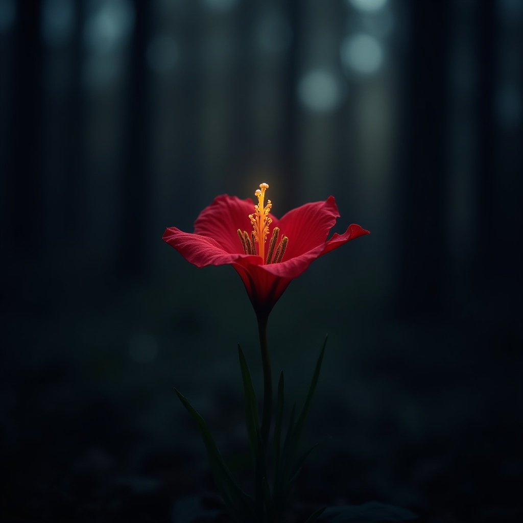 Bright red flower stands out in dark forest setting Bright red flower stands out in dark forest setting