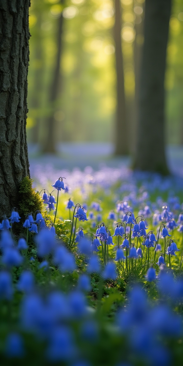 Bluebell flowers bloom among trees in a serene forest Bluebell flowers bloom among trees in a serene forest