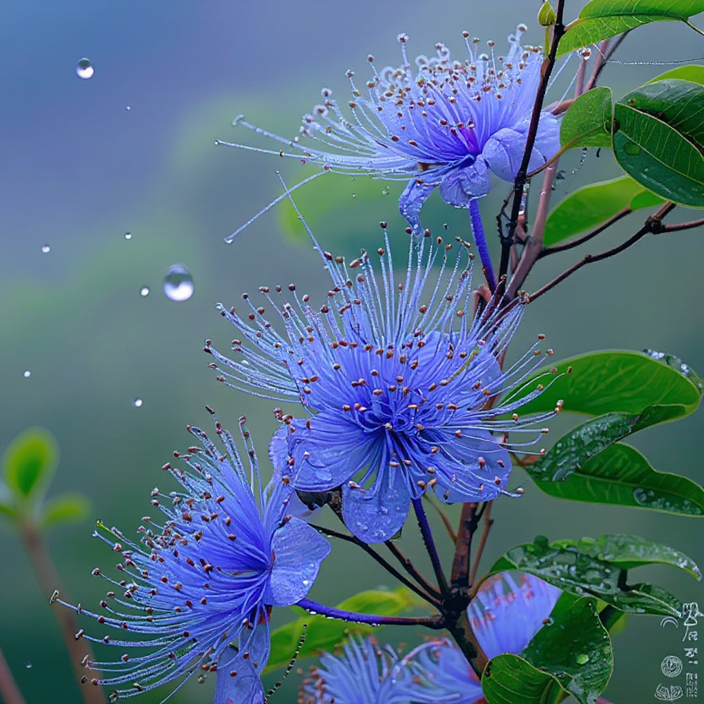 Beautiful blue flowers with raindrops in a misty forest Beautiful blue flowers with raindrops in a misty forest