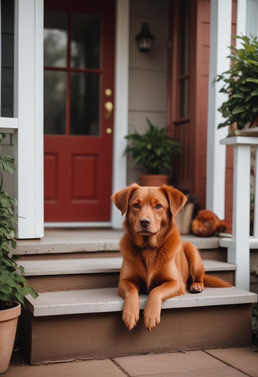 Relaxed dog sits on porch steps with red door behind Relaxed dog sits on porch steps with red door behind
