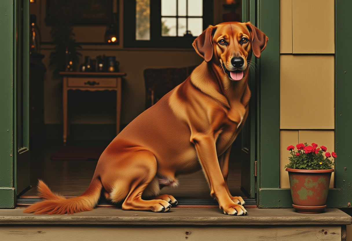 Happy dog sitting on porch under warm sunlight Happy dog sitting on porch under warm sunlight