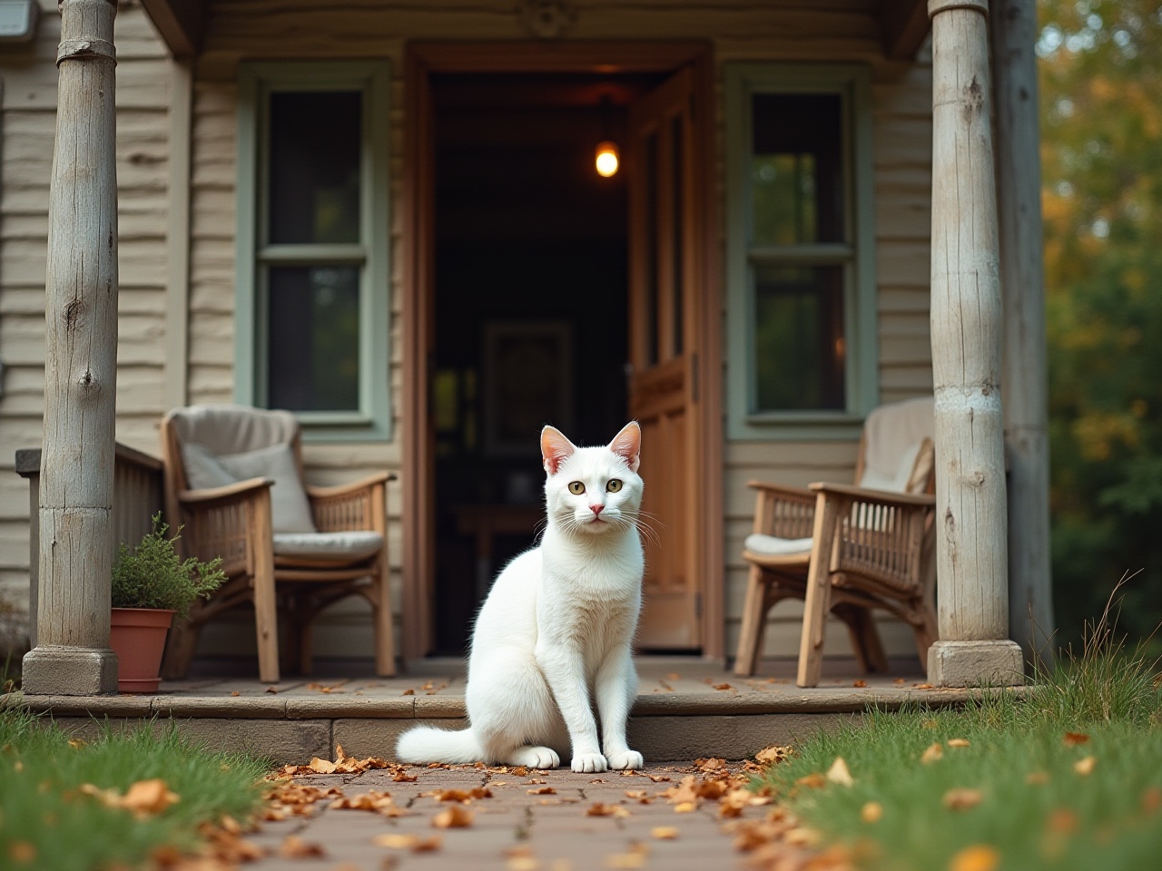 White cat resting on pathway in a cozy porch setting White cat resting on pathway in a cozy porch setting