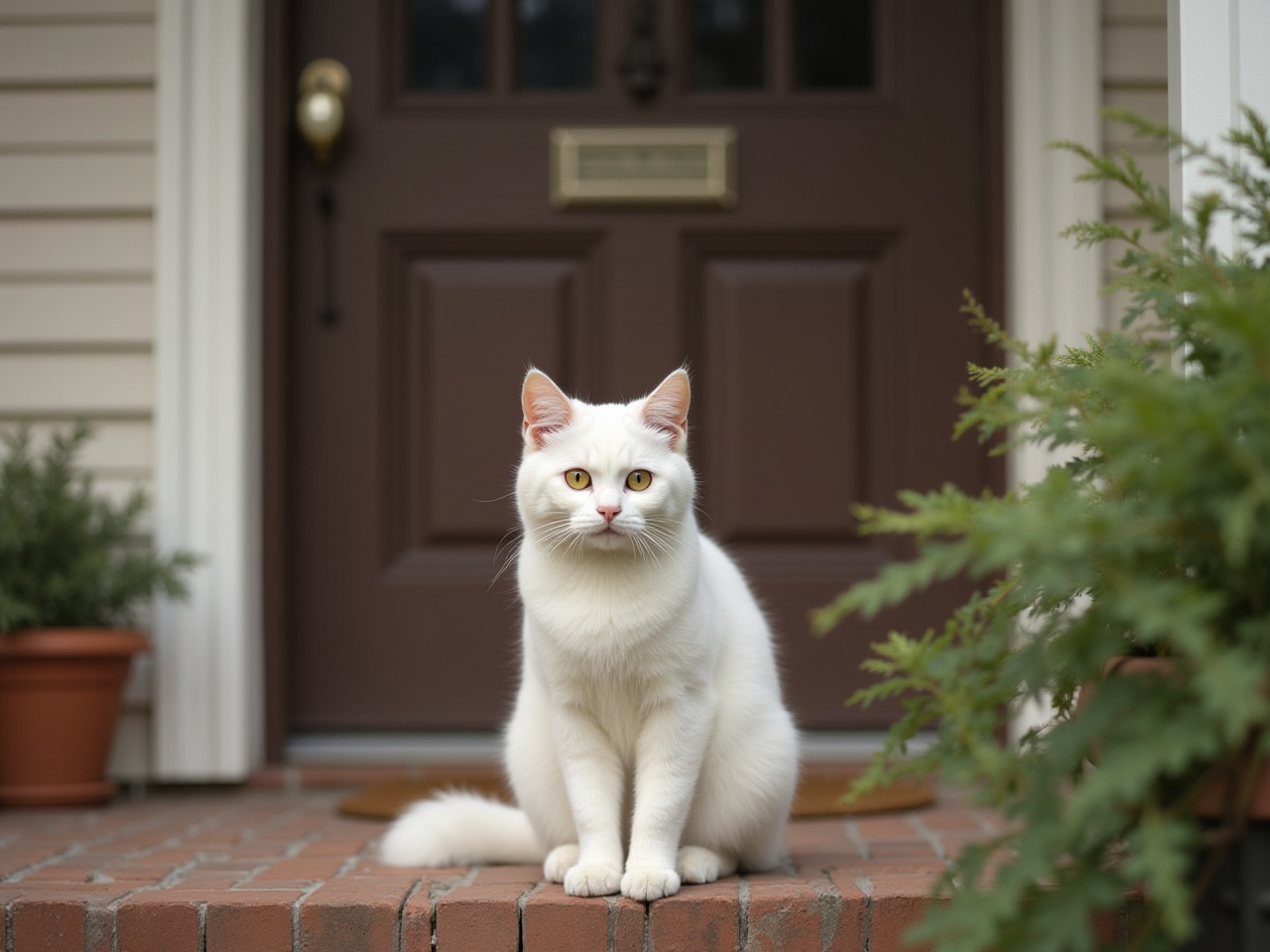 White cat sitting calmly on front porch steps White cat sitting calmly on front porch steps