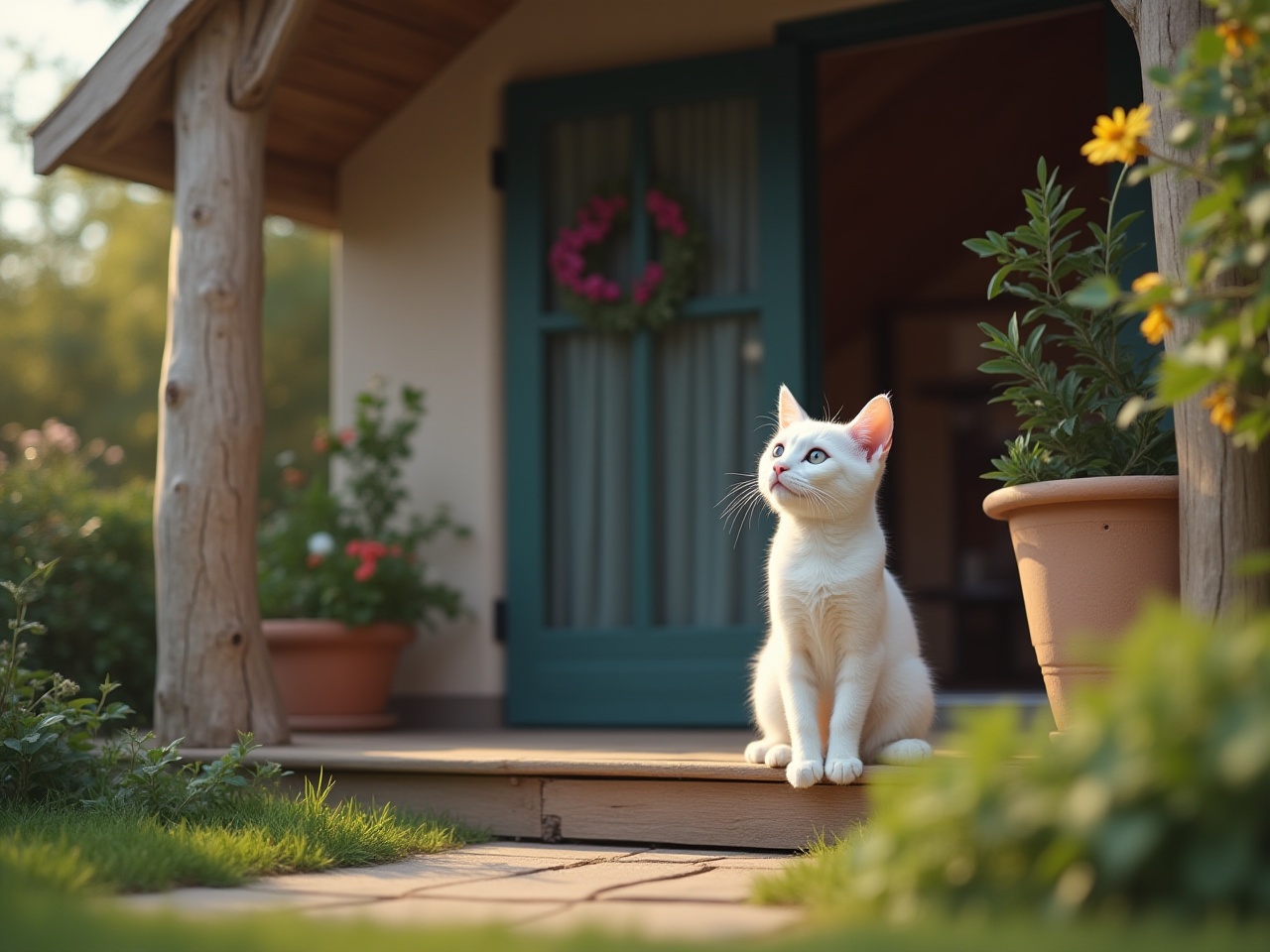 Curious cat observes nature by cozy garden entrance Curious cat observes nature by cozy garden entrance
