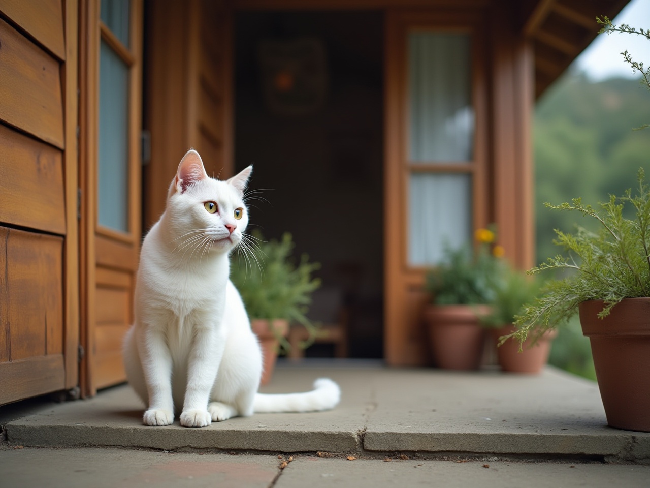White cat sitting outside a wooden house in the garden White cat sitting outside a wooden house in the garden