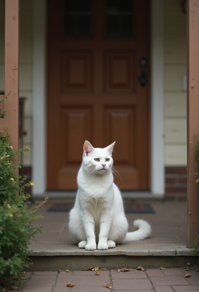 White cat resting on porch steps during quiet afternoon White cat resting on porch steps during quiet afternoon
