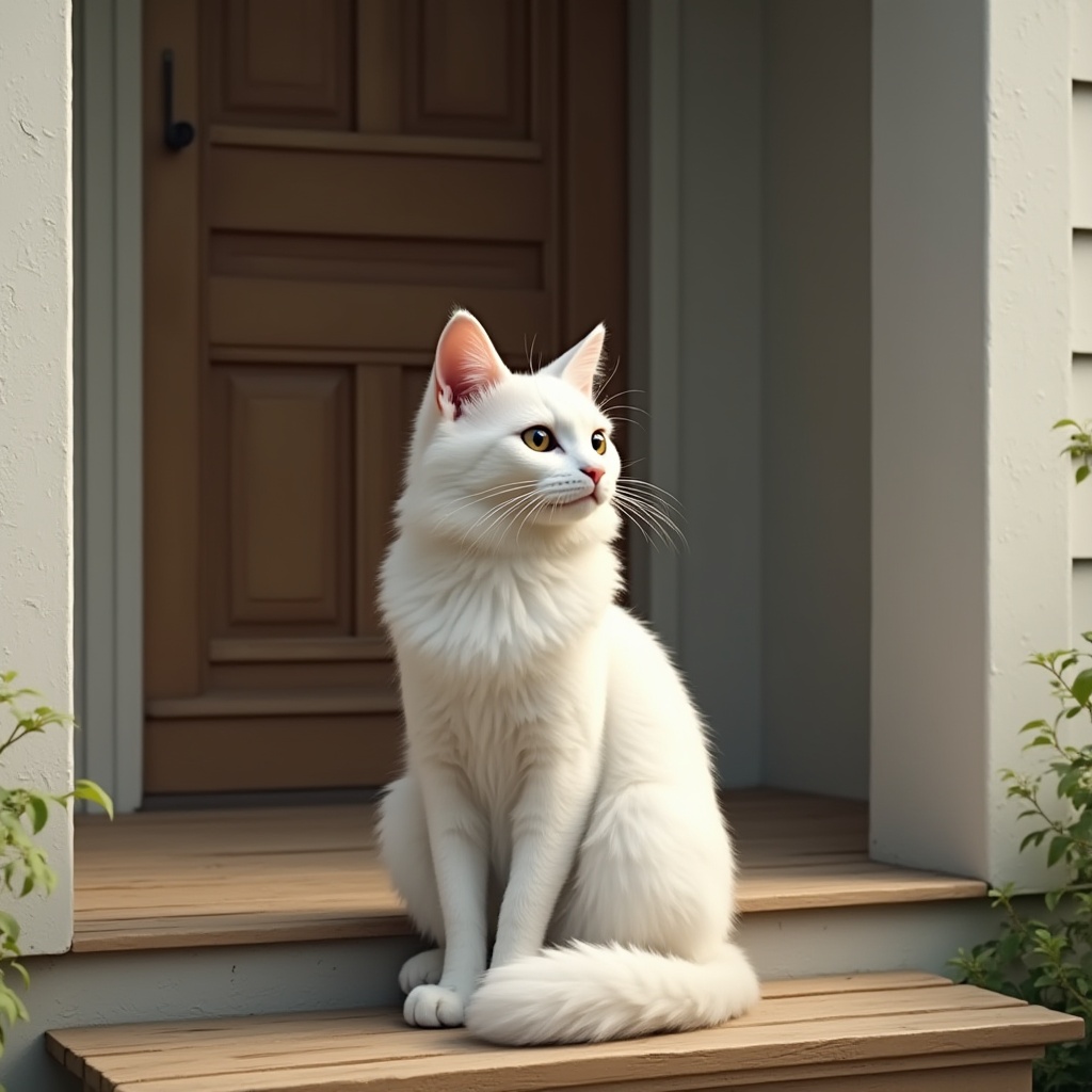White cat sitting on wooden steps near front door White cat sitting on wooden steps near front door