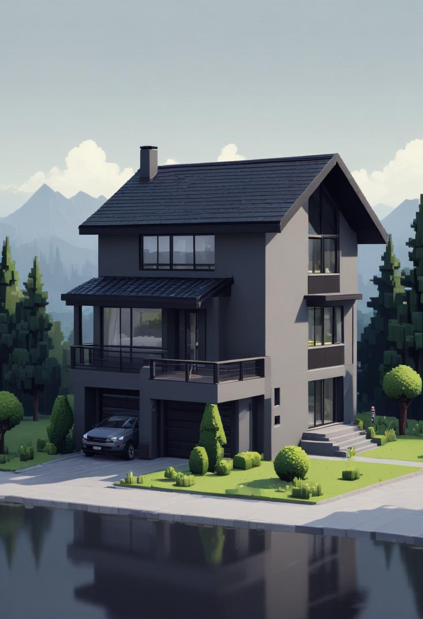 Modern house by the lake with mountains in the background Modern house by the lake with mountains in the background