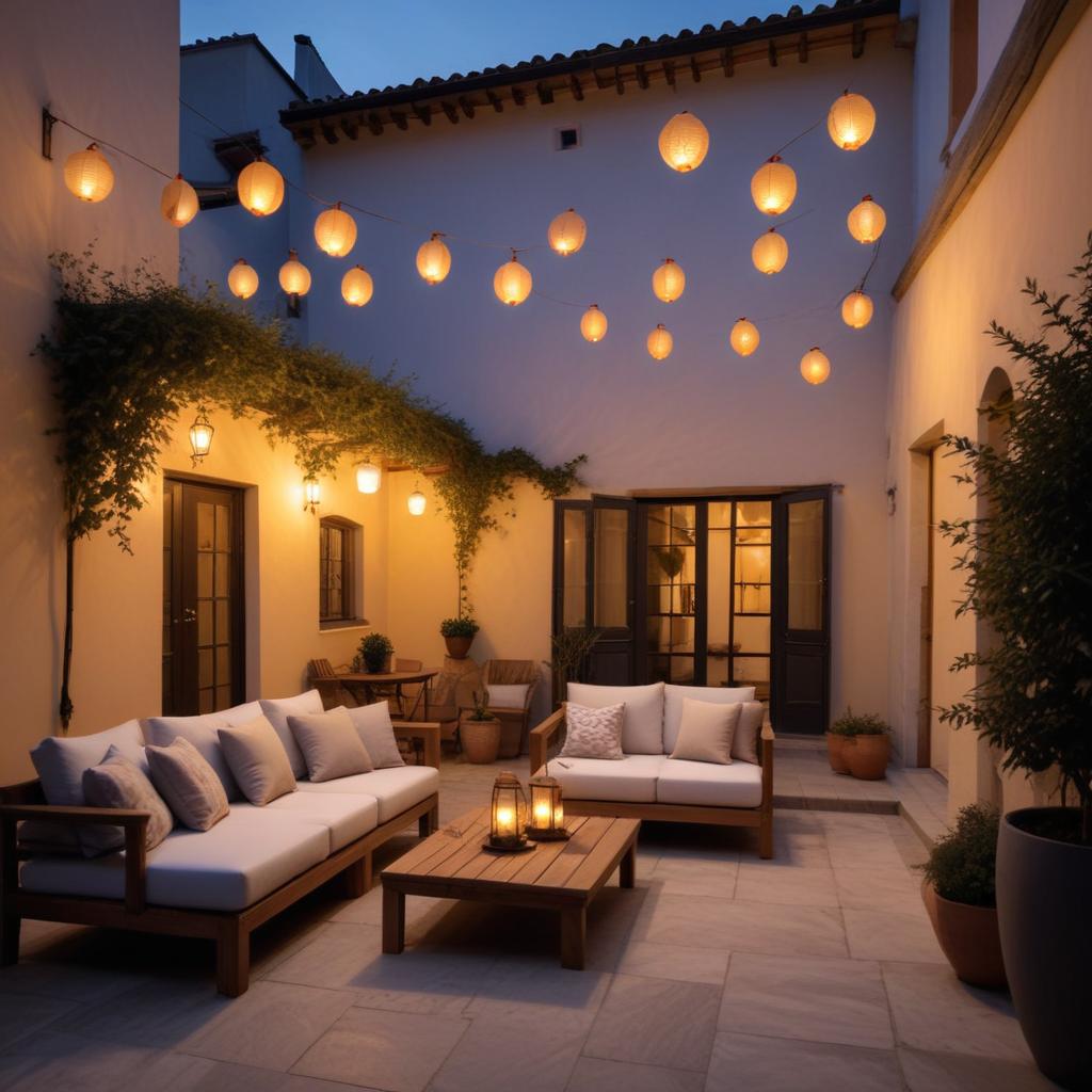 Cozy outdoor seating area illuminated by lanterns at dusk Cozy outdoor seating area illuminated by lanterns at dusk