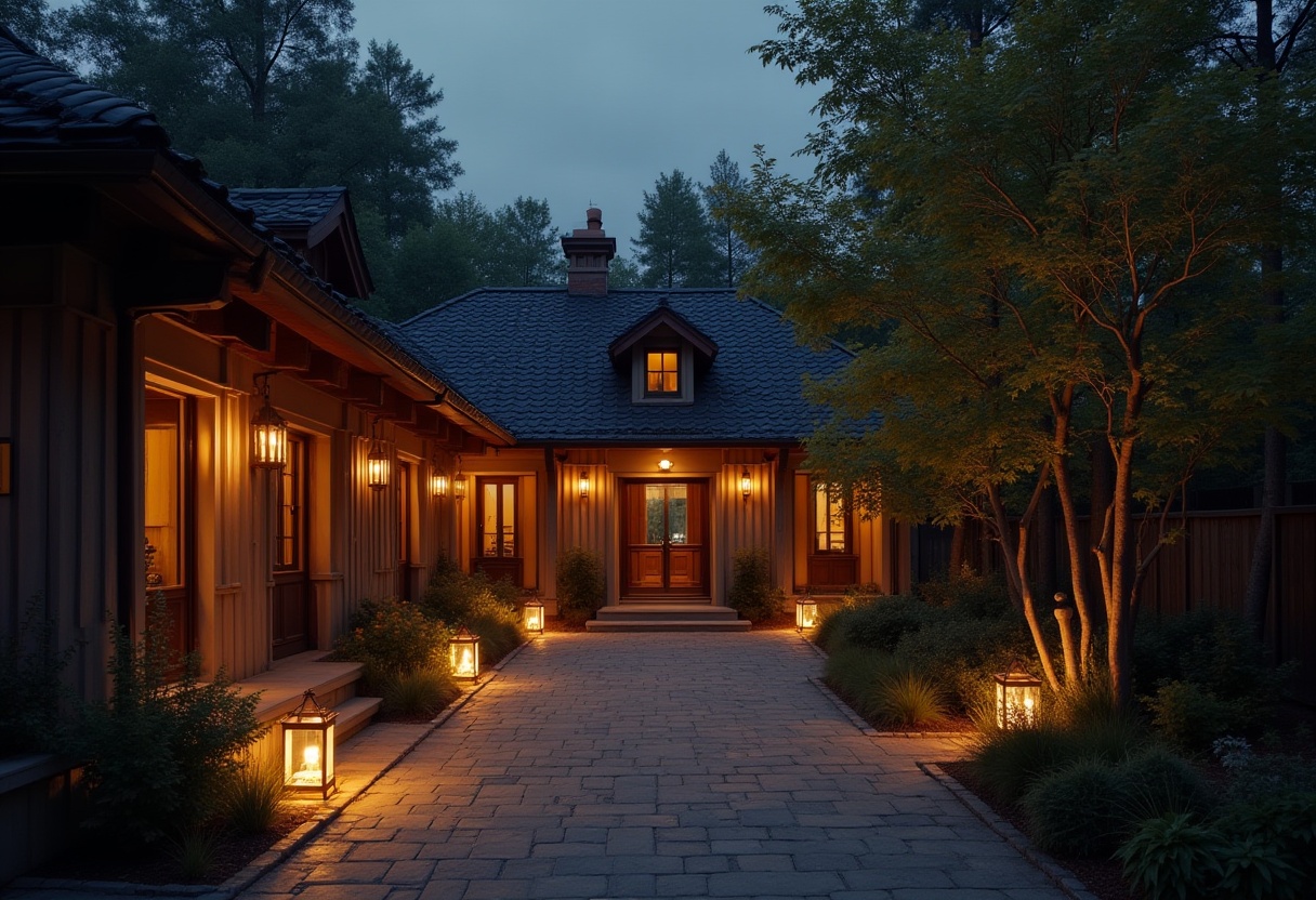 Welcoming pathway lights illuminate a cozy cabin at night Welcoming pathway lights illuminate a cozy cabin at night