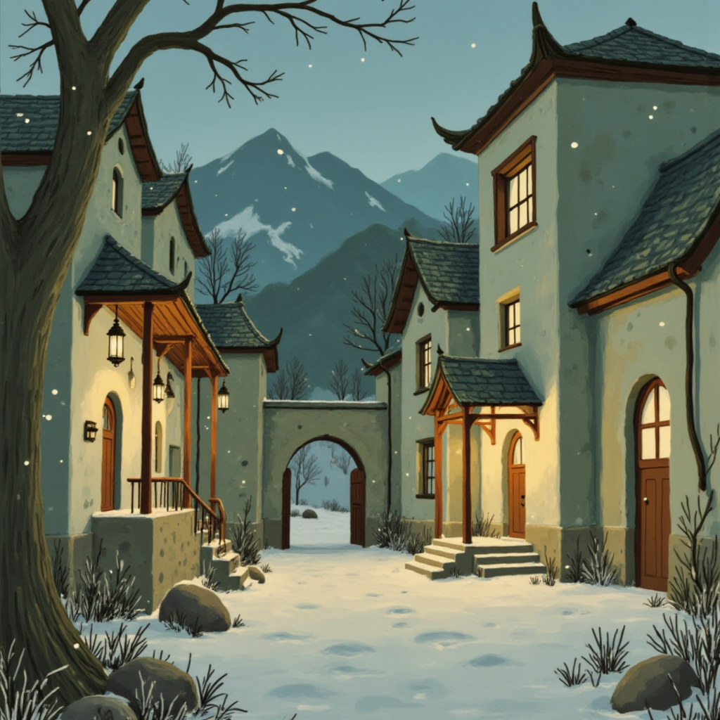 Winter evening in a serene mountain village Winter evening in a serene mountain village