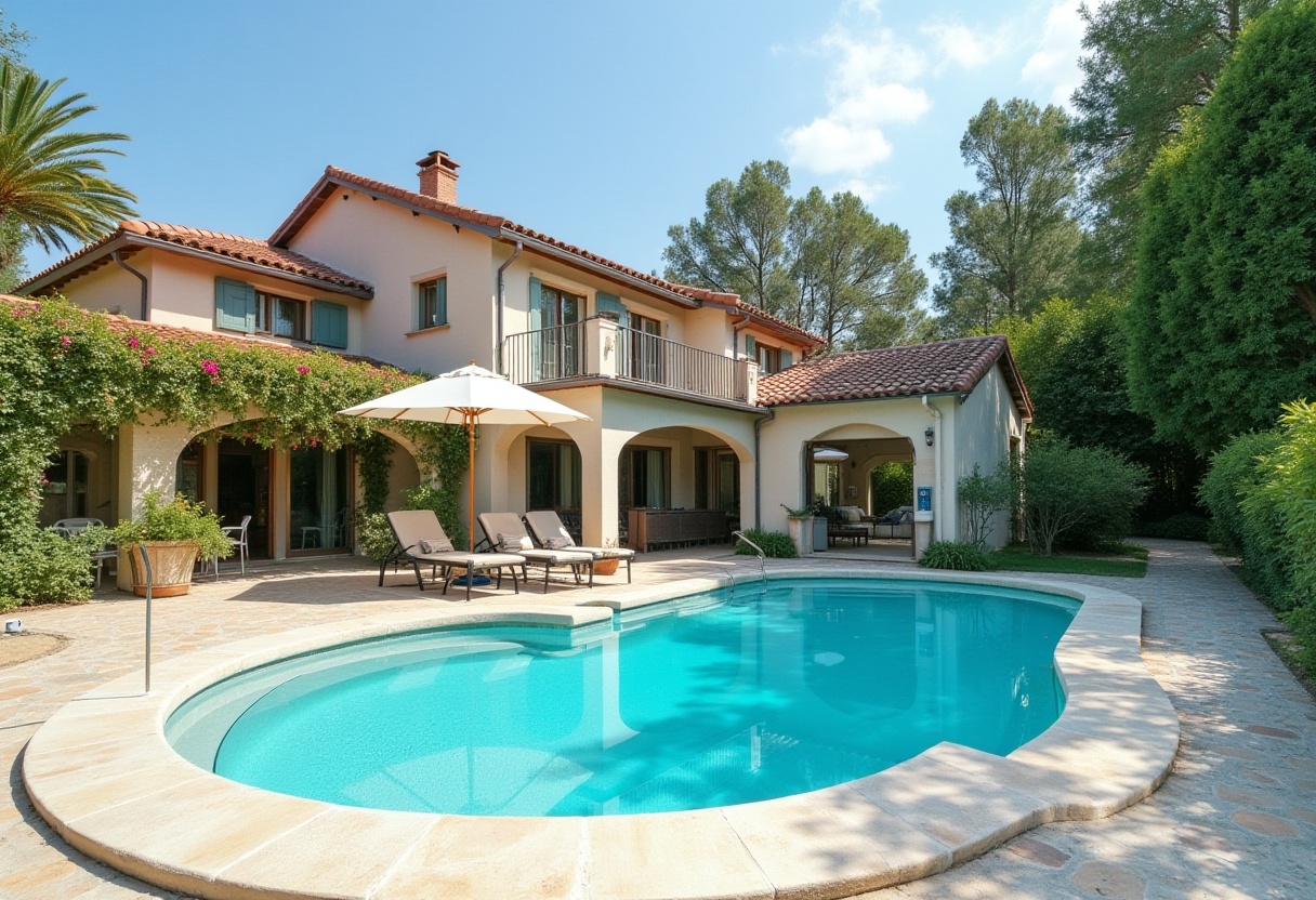 Luxurious villa with pool surrounded by greenery Luxurious villa with pool surrounded by greenery