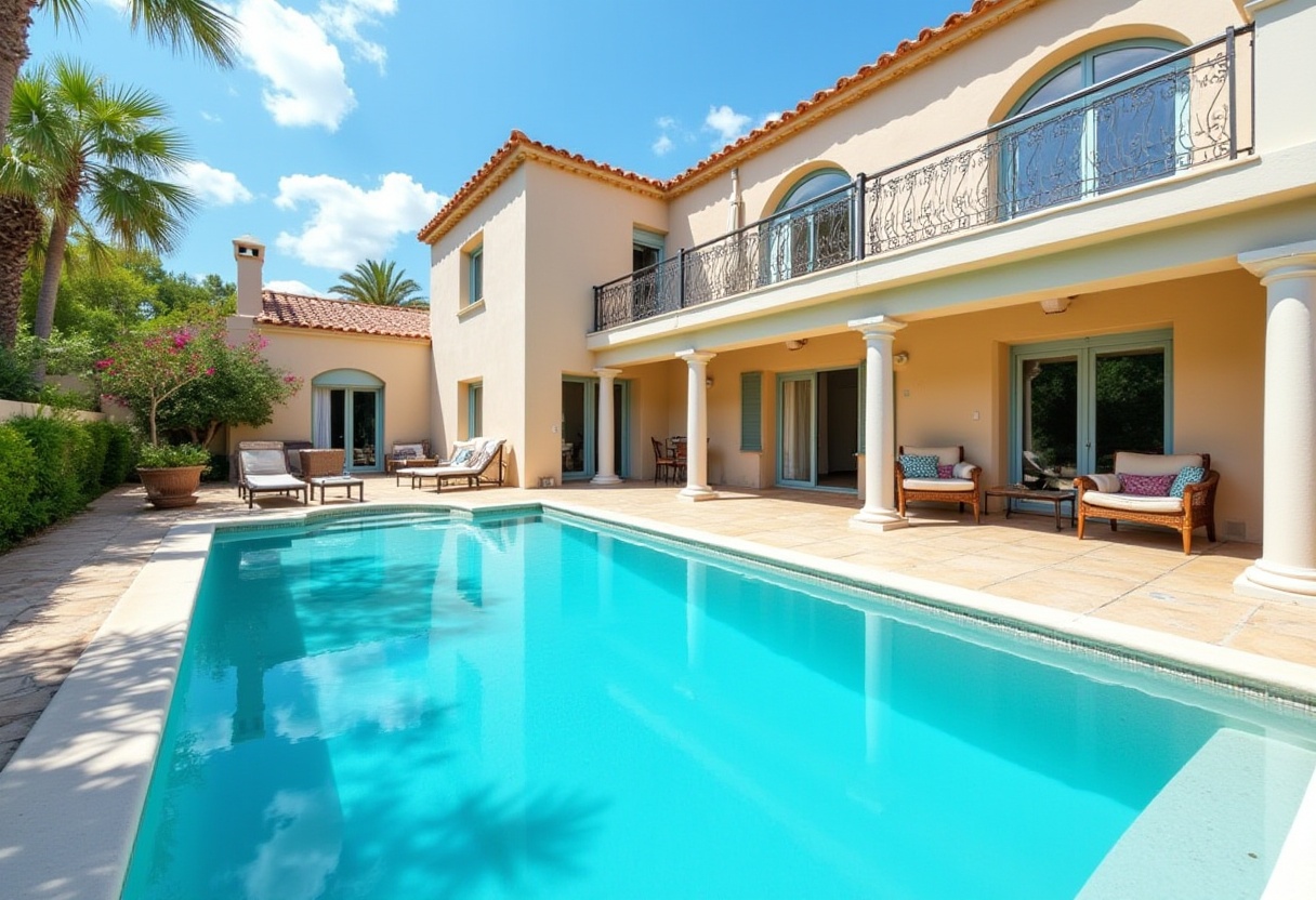 Sunny day by the tranquil poolside in a lovely villa Sunny day by the tranquil poolside in a lovely villa