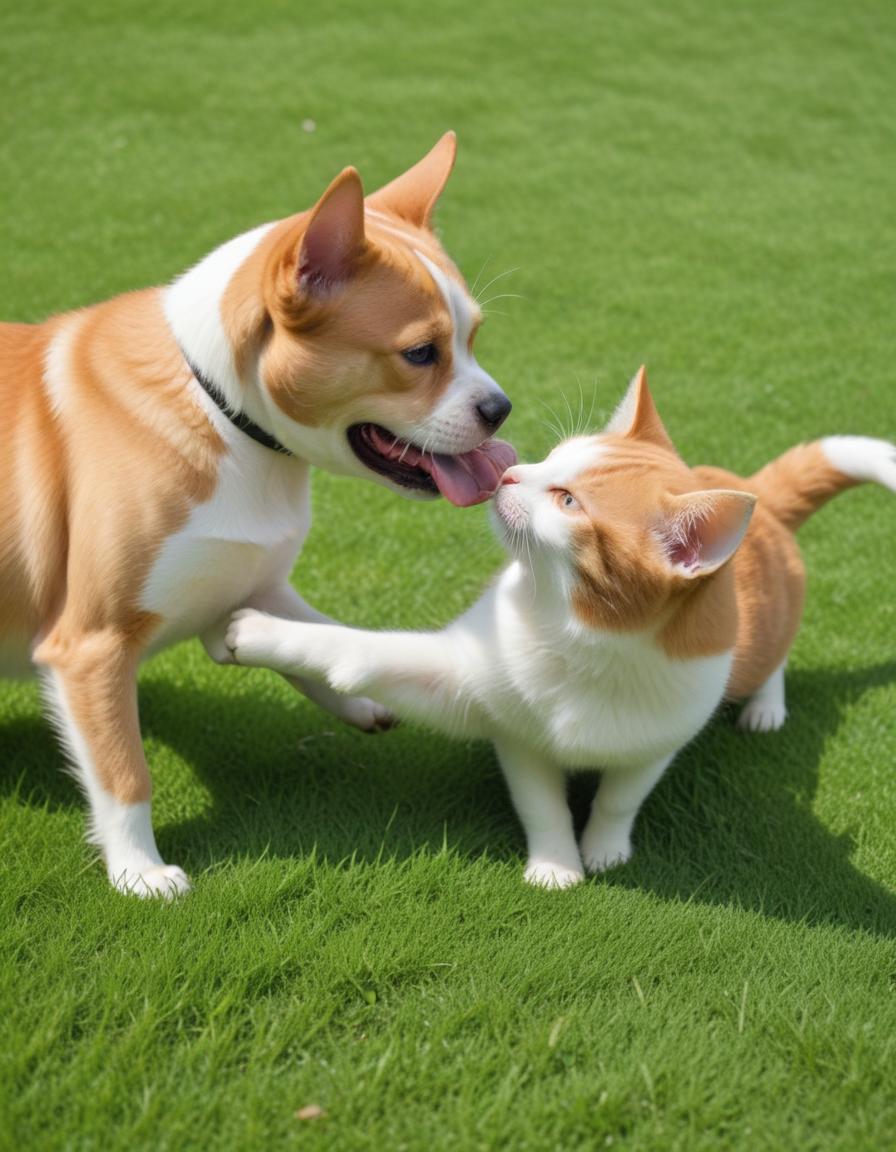 Dogs and cats play together on green grass Dogs and cats play together on green grass