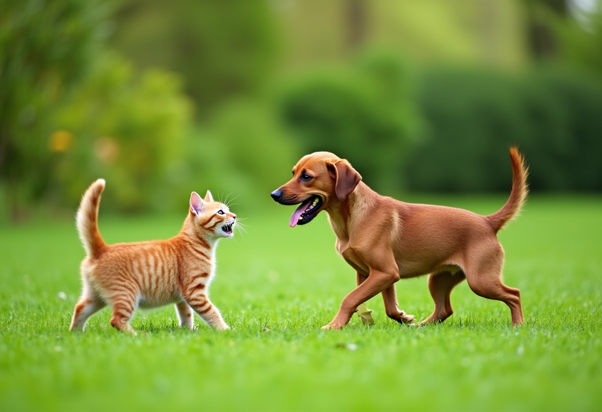 Playful cat and dog enjoying a sunny day together Playful cat and dog enjoying a sunny day together