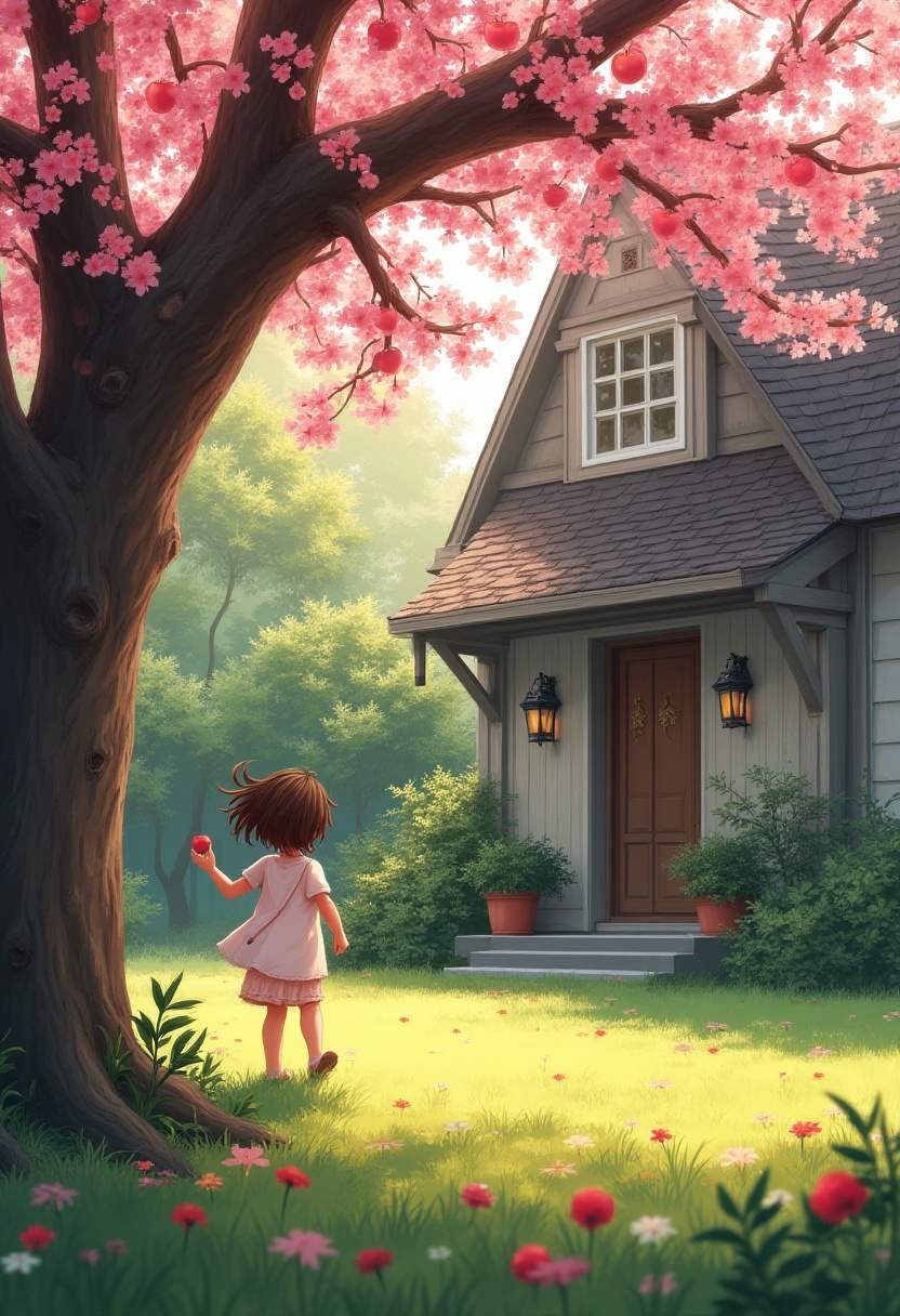 Child with cherry blossoms near cozy house in springtime Child with cherry blossoms near cozy house in springtime