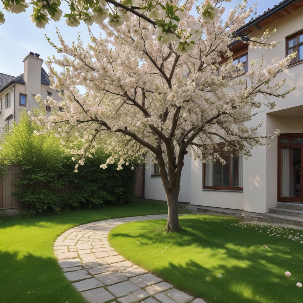Blossoming tree in a serene garden pathway during spring Blossoming tree in a serene garden pathway during spring